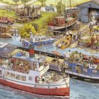 Text "Werft" auf einem Schild. Boote auf einem Wasserweg nahe einer Werft mit Werkstätten und vielen Figuren in Aktion.