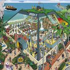 Text: "ORSON 11", "HAUNTY CENTRE". Illustration eines belebten Gebäudes am Meer mit Menschen, Pflanzen und Fahrzeugen.