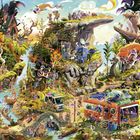 Eine lebendige Illustration mit verspielten Kreaturen in einem Wald voller bunter Details und ungewöhnlicher Strukturen.