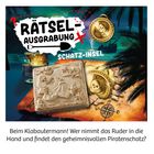 RÄTSEL AUSGRABUNG SCHATZ-INSEL, Piratenthema mit Münzen, Kompass, Schatzkiste und einem Stein mit eingravierten Motiven.