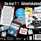 "Die drei ??? Adventskalender" mit Text: "Werde zum vierten Detektiv", "Finde durch jedes Rätsel das nächste Türchen!", "Extra viele Rätsel!". Logos und Abbildungen von Detektivwerkzeugen und Zubehör.