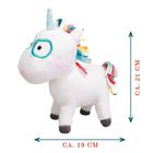 "CA. 21 CM" und "CA. 19 CM" mit Pfeilen; Ein Plüsch-Einhorn mit farbigem Regenbogen-Mähnen und blauem Horn.