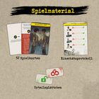Spielmaterial: 52 Spielkarten, Einschätzprotokoll, Urteilplättchen. Karten zeigen zwei Figuren in einem Dialog.