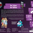 Titel: Der Schatz der Delfine. Texthervorhebungen: 1. Lest die Geschichte. 2. Legt das Puzzle. 3. Entschlüsselt Hinweise. 4. Löst den Fall! Illustration mit drei Mädchen. Enthält Puzzle-Details und interaktive Schritte für ein Krimi-Abenteuer.