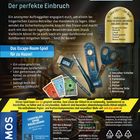 Das Bild zeigt eine Schachtelbeschriftung für "EXIT Das Spiel – Der perfekte Einbruch", ein Escape-Room-Spiel für Zuhause. Es ist für 1-4 Personen ab 12 Jahren geeignet und dauert 45-90 Minuten. Enthalten sind verschiedene Karten, ein Notizblock, eine Decoderscheibe und Zubehör wie Stift, Lineal und Schere.