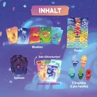 "Inhalt" oben, mehrere bunte Karten mit Figuren, ein Poster, fünf Trophäen und der Hinweis auf "Tolle Glitzerkarten!"