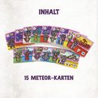 Text: "INHALT" und "15 METEOR-KARTEN". Illustrationen von bunten Spielkarten mit verschiedenen Figuren und Zahlen.