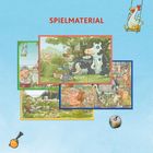 Text: SPIELMATERIAL. Illustration von landwirtschaftlichen Szenen mit Tieren; ein Huhn auf einer Schaukel und ein Würfel.