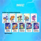 Oben steht "INHALT". Darunter "17x fünf verschiedene Dinokarten" und "fünf Poolstars". Bunte Illustrationen von Dino-Karten.