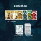 "Spielinhalt: Vier Tierteams, weiße Fahnen, Regelhilfen." Karten zeigen Tierillustrationen mit verschiedenen Zahlen.