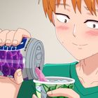 „6% vol“, „TORY“ auf einer Dose. Ein Junge mit roten Wangen gießt lila Flüssigkeit in einen Becher.