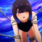 Keine sichtbaren Texte. Eine Anime-Figur, ein Mädchen mit schwarzen Haaren, ist von Ketten umwickelt. Der Hintergrund ist lilafarben.