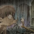 Keine erkennbaren Texte. Illustration: Kind mit großen Augen zeigt auf ein kleines laufendes Auge in regenverhangenem Wald.