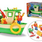 "Charlies Fischerboot" und "Schwimmt im Wasser und fährt auf Land." Spielzeug: ein grünes Boot mit Zubehör und Figur.