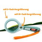 Zwei Vergrößerungsgläser: "mit 3-fach Vergrößerung" und "mit 10-fach Vergrößerung". Logo auf Griff, orange Schlaufe.