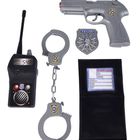 Text: "Ausweis ID-Card" Name, Vorname. Spielzeugset mit Pistole, Funkgerät, Handschellen, und Polizeimarke.
