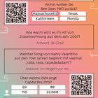 Texte: Fragen zu Hits und Songs, mit Antworten. Design: Rosa, orange und grüne Hintergrundfarben; enthält QR-Codes.