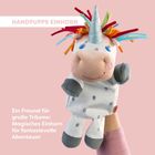 „Handpuppe Einhorn. Ein Freund für große Träume: Magisches Einhorn für fantasievolle Abenteuer.“ Eine bunte Einhorn-Handpuppe.