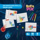Ein kniffliges Roll & Draw-Spiel. Roll'n PIX. Drei Spielblätter, bunte Bleistifte, Würfel und Symbole für Alter, Spielerzahl und Dauer.