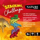 "STACKING Challenge", "NATURE JURASSIC". Mit 300 Aufgaben, Stapelspaß, Sets zum Sammeln. Dino-Illustration in bunten Farben.