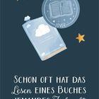 Der Januar-Kalender zeigt Zitat von Ralph Waldo Emerson: "Schon oft hat das Lesen eines Buches jemandes Zukunft beeinflusst." Illustration von Büchern und Sternen.