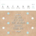 "ICH WÄRE JETZT LIEBER DORT, WO MEINE GEDANKEN GERADE SIND." Kalenderdarstellung für Aprilwoche mit Polka-Dots.