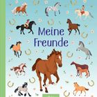 Text: "Meine Freunde". Pferde in verschiedenen Größen und Farben, einige mit Reitern. Blumen, Hufeisen und Blätter als Deko.