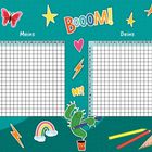 "Booom!", "Meins", "Deins", "Hi!". Zwei große Gitter, bunte Sticker: Stern, Schmetterling, Kaktus, Regenbogen und mehr.