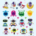 Obere Reihe: Bunte, fröhliche Monsterkugeln. Mitte: Astronauten mit Herzen. Untere Reihen: Verschiedene bunte Roboter und Monster.