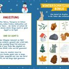WINTERSCHATZSUCHE-BINGO: Anleitung für ein Winterspiel mit Bildern von Tieren und Naturgegenständen. Schneemann, Hase.