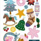 Keine Texte erkennbar. Illustration mit Weihnachtssymbolen: Baum, Stern, Schaukelpferd, Geschenk, Schneeflocke, Socken.