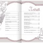 Inhalt: Leseequipment, Bibliothek, T.B.R., Lieblingszitate, Charaktere, Reading Rooms, Test; links Illustration: lesende Person.