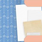 Eine Illustration: Blaues Fischgrätenmuster links, rechts Papiere in einer rosa Mappe.