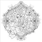 Ornament mit Blumen und Schmetterlingen, symmetrisch arrangiert, filigrane Muster. Keine Texte.