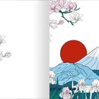 Illustration: Rechter Berg mit roter Sonne, blaue Hügel, Blumen. Links schwarze Linien von Blumen.