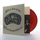 "Sixteen Horsepower" in gotischer Schrift, daneben ein stilisiertes Akkordeon mit Totenkopf und roter Vinyl-Schallplatte.