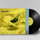 Text: "faust, Fliegen lernen". Illustration einer Fliege auf gelbem Hintergrund, Schallplatte rechts.