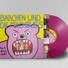 "BÄRCHEN UND DIE MILCHBUBIS," "Lach doch mal!" Große Illustration eines wütenden pinken Bären mit Band im Maul.