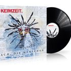 "KEIMZEIT. ACH, DIE MENSCHEN" auf Albumcover mit gezeichnetem Vogel. Eine Schallplatte daneben.