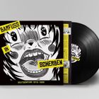 "BARFUSS IN SCHERBEN. DEUTSCHPUNK 1979–1986." Illustration: Geschocktes Gesicht mit weit geöffnetem Mund. Schallplatte dabei.