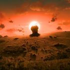 Keine Texte vorhanden. Eine dramatische Landschaft mit einem intensiven roten Sonnenuntergang hinter einem silhouettierten Hügel.