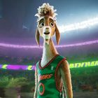 Text: „BURNS“ auf grünem Trikot. Illustration einer Figur mit Ziegenmerkmalen und Popcorn auf dem Kopf in einem Stadion.