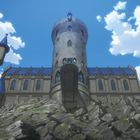 Keine sichtbaren Texte. Eine Burg mit Türmen und blauen Dächern auf einem Felsvorsprung unter klarem Himmel mit Wolken.