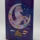 „Unicorn Academy“ in goldener Schrift. Lila Cover mit glitzerndem Einhorn auf glitzerndem Halbmond, bunte Edelsteine.