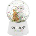 "LIEBLINGS HASE" auf weißem Sockel. Schneekugel mit Konfetti, Hase und Einhorn im Inneren.