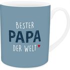 Tasse mit Text "Bester Papa der Welt" in Weiß und Blau, rotes Herz darunter.