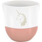 Ein Logo mit einem Einhorn auf einer weißen und rosa Tasse. Das Einhorn ist dezent in Weiß gehalten.