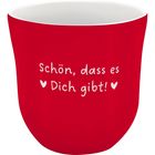 Roter Becher mit dem Text: „Schön, dass es Dich gibt!“ und zwei kleinen Herzsymbolen.