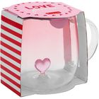Text: "LOVE forever". Verpackung: Rosa und rot mit Herzen. Durchsichtige Tasse mit rotem Herz am Boden.