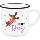 "Happy Day" in Schwarz und Lila. Illustration eines freudigen Hundes im gestreiften Pullover mit bunten Punkten.